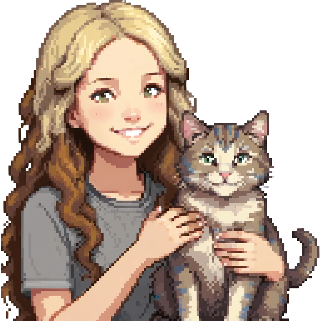 Remix: Beautiful girl with long wavy brown hair, inspired by the reference, petting a gray and blonde mixed cat, pixel art style, girl smiling, cat on her lap emoji
