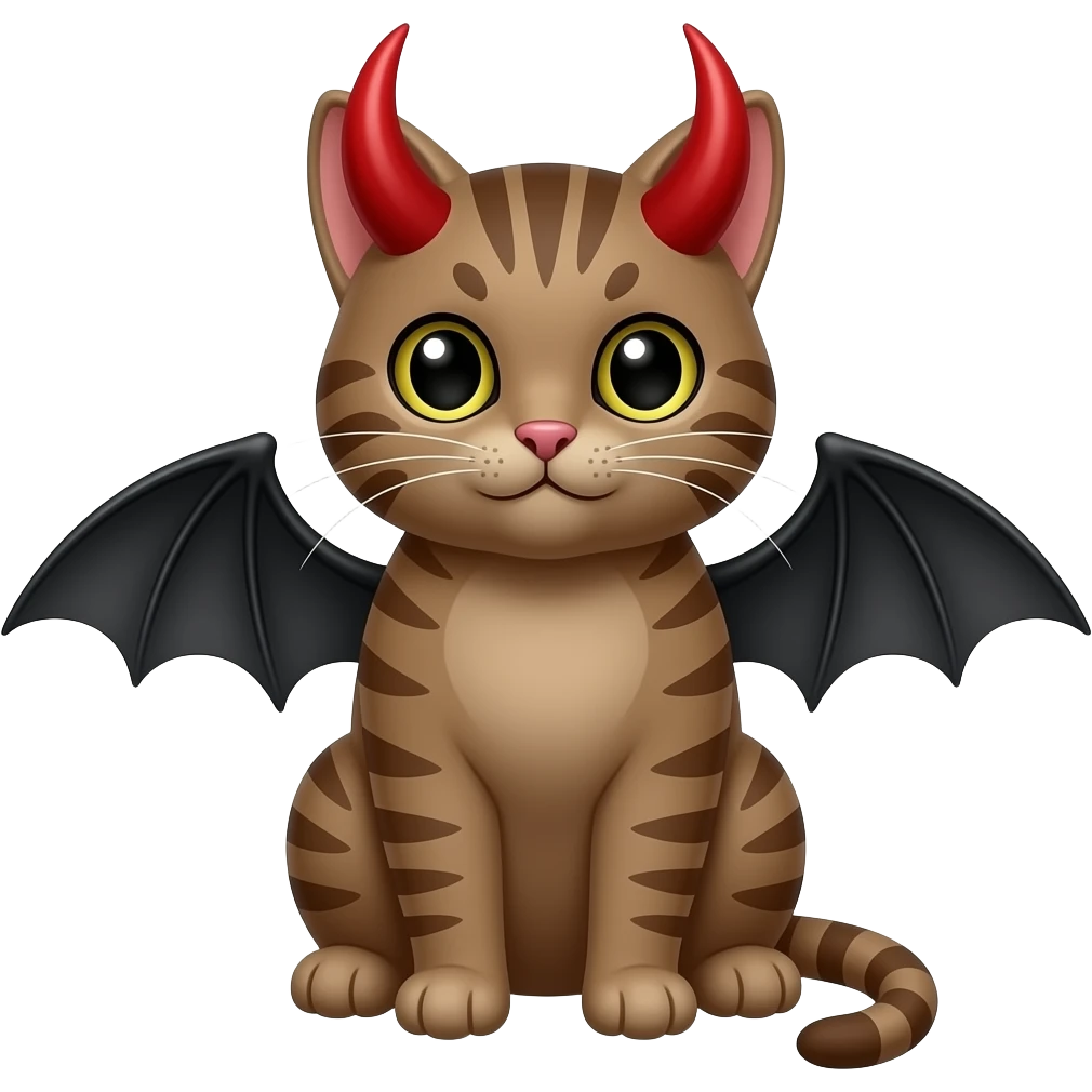 brown cat sitting pose front view with red devil horns and bat wings emoji
