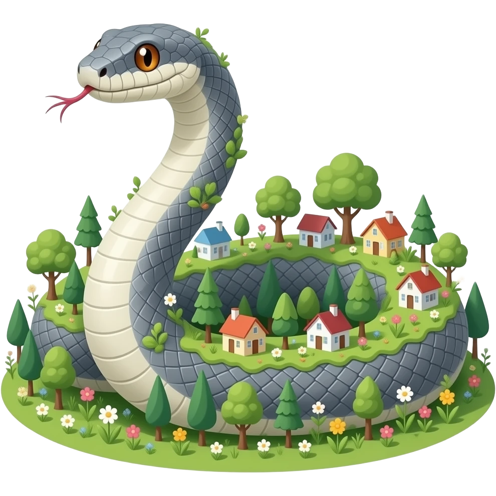 A snake that is gray and also flowers in grass on it in Giant and also that has houses and even villages on it in trees emoji