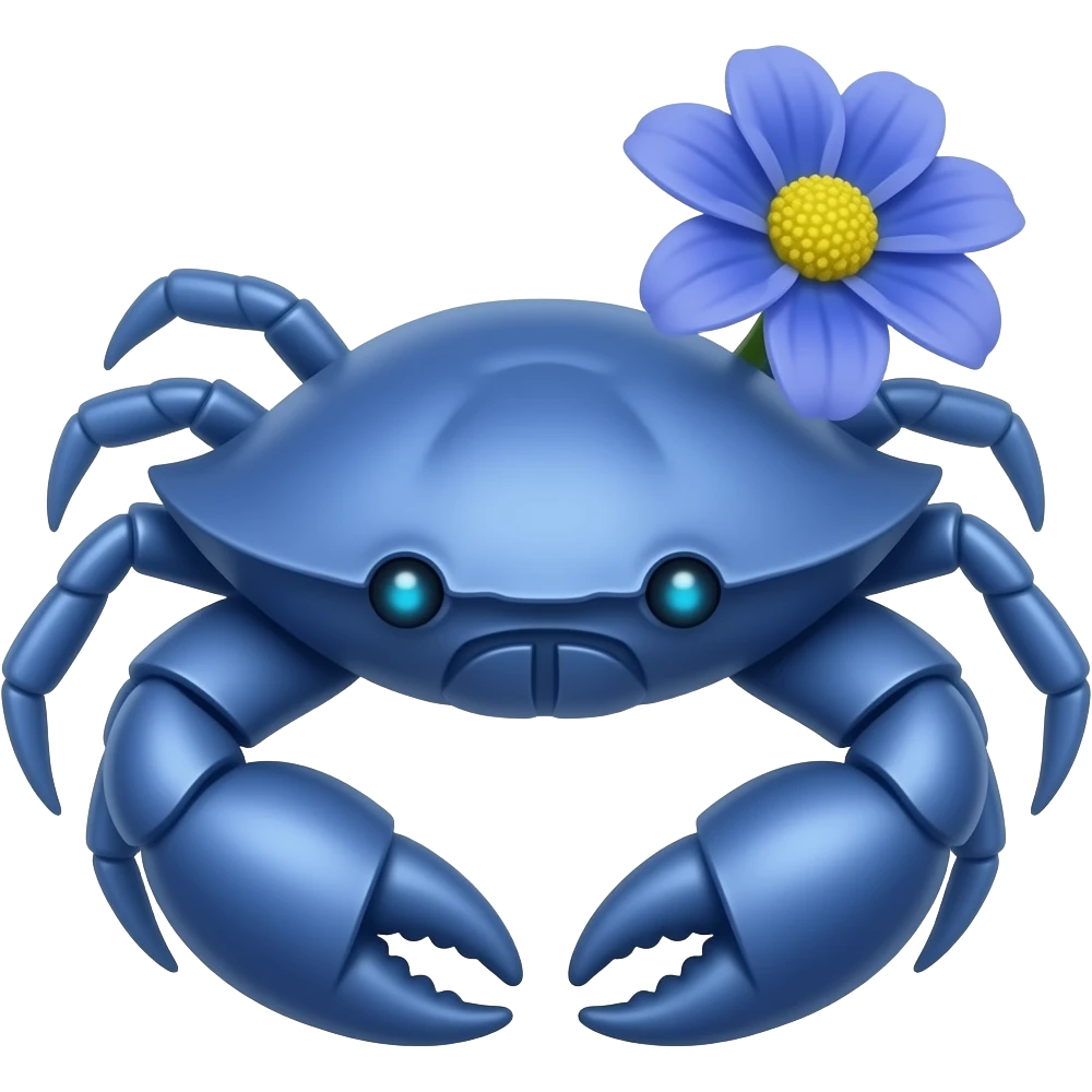 A blue crab with one blue flower a on its back with glowing blue eyes facing forward emoji