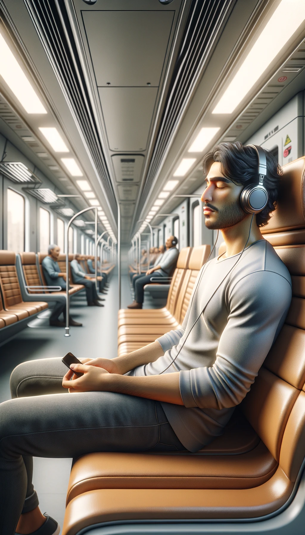 UOMO che ASCOLTA MUSICA CON LE CUFFIETTE NELLE ORECCHIE E GLI OCCHI CHIUSI SEDUTO SUL SEDILE DI UN TRENO, sullo sfondo L'INTERNO DELLA CABINA DI UN TRENO con toni chiari neutri, iperrealistico 4k emoji