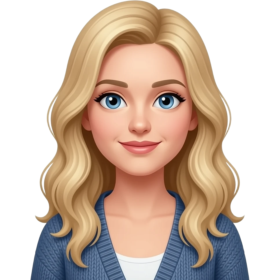 woman, blue eyes, late twenties, blonde hair, long wavy hair, cardigan emoji