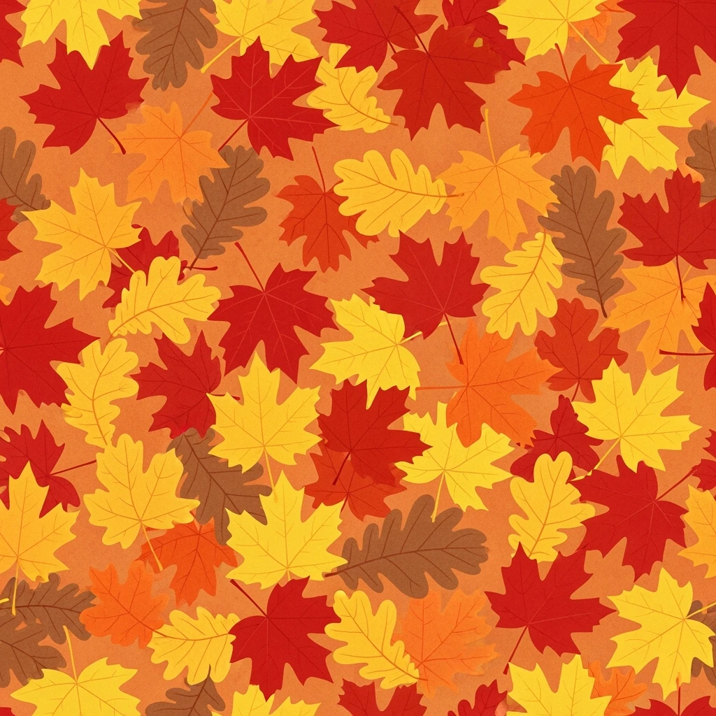 fall leaves seamless background, maple and oak leaves, red orange yellow brown, scattered pattern, soft texture, warm cozy vibe emoji
