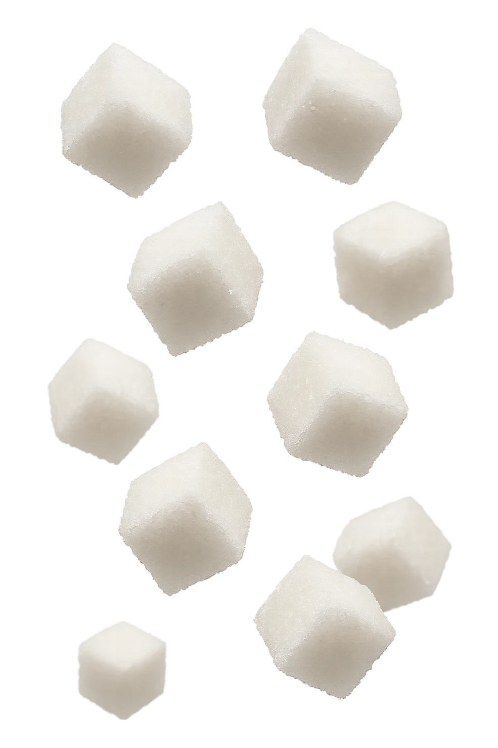 zollette di zucchero fluttuano in aria, iperrealistica 4k, isolato su sfondo bianco emoji