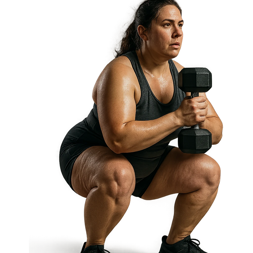 hyper realistic 4K woman training, fat on thighs and legs, normal physique, muscular details, motivational atmosphere emoji