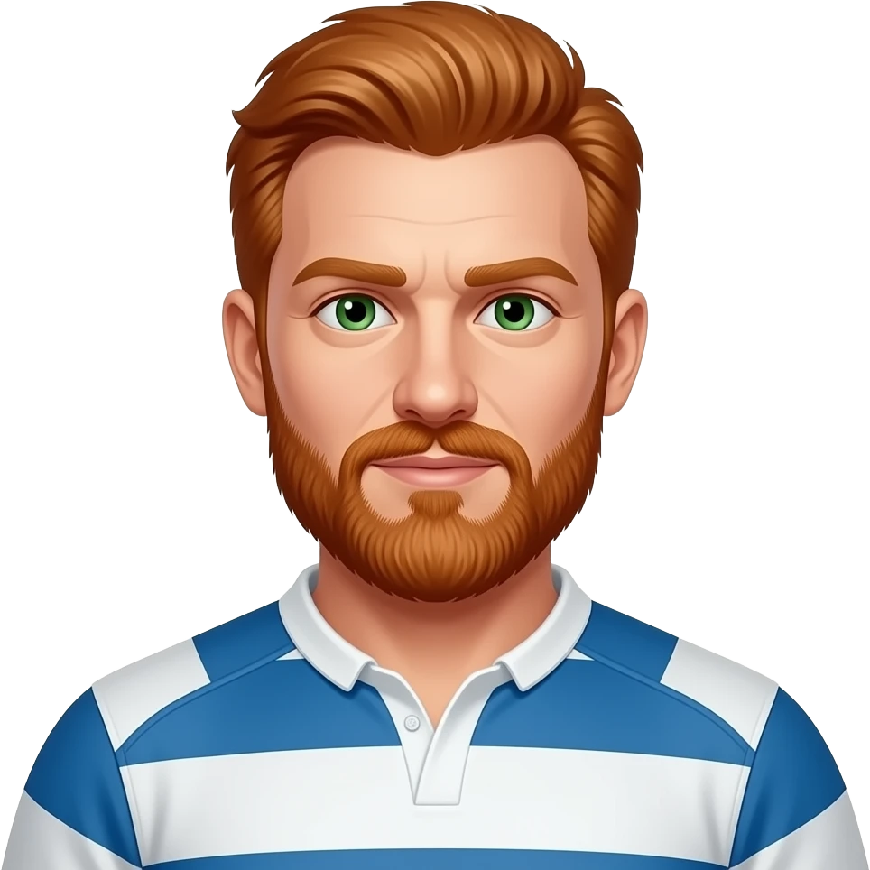 40 year old, Redheaded, beard male, chest hair, green eyes, rugby player emoji