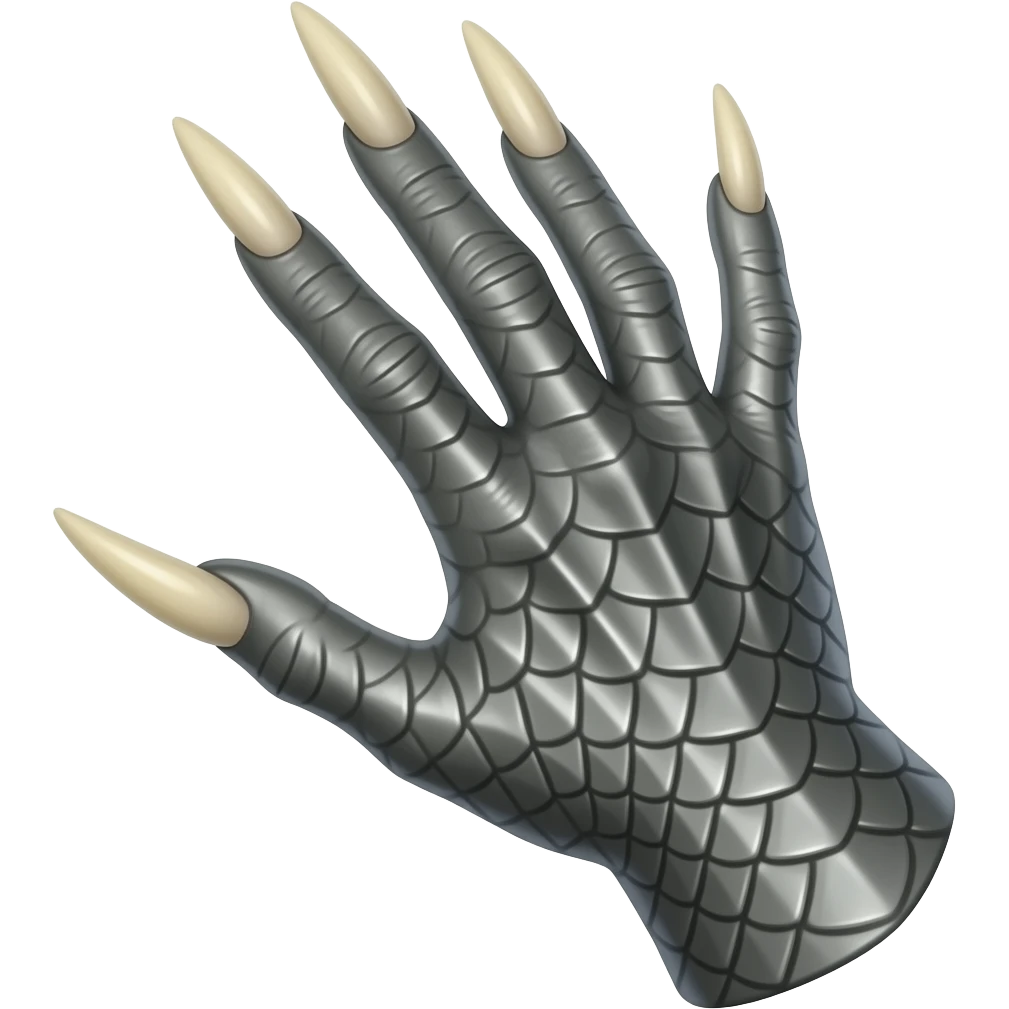 Hand with long sharp claws. "Dark silver" scaly skin with "dark ivory claws". Shift the perspective to a side profile to show the curvature and length of the claws more clearly. emoji
