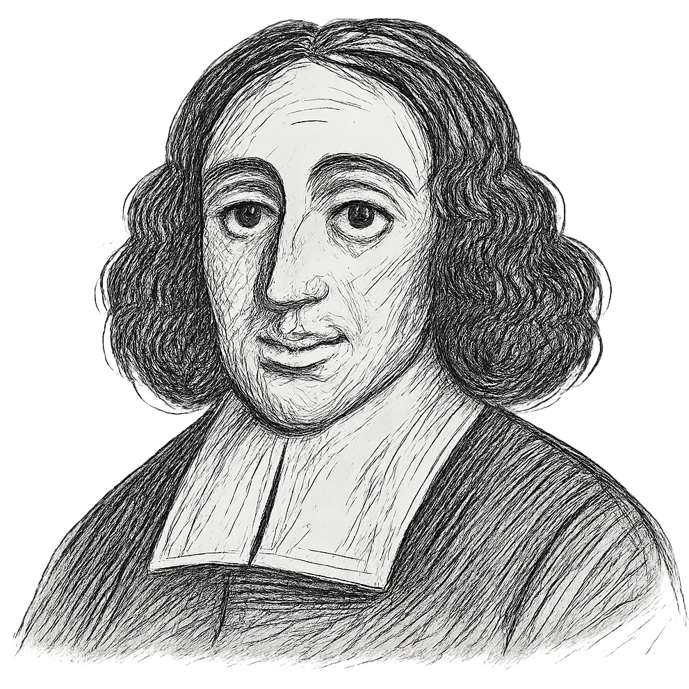 Enhance the Spinoza black outline icon with much more detailed, rich hand-drawn linework and texture to resemble a true drawing rather than a simple icon. Keep the pupils even, long curly hair, and 17th-century collar intact. Maintain transparent background. emoji