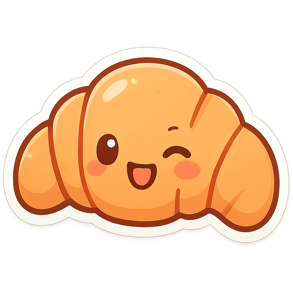 chibi sticker-style croissant with a winking face, cute and exaggerated emoji
