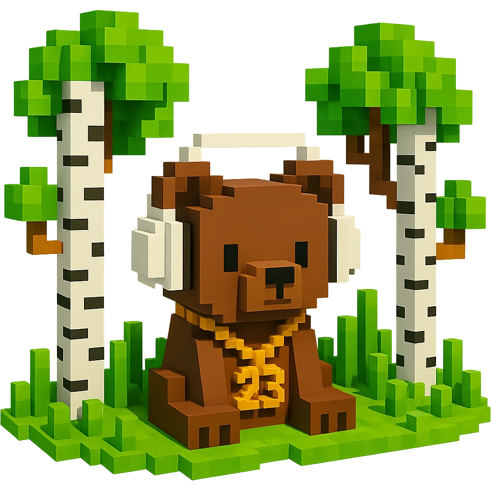 березовый лес, в котором сидит бурый медвежонок в белых наушниках (наушники должны закрывать уши медведя), на медведе цепь с подвеской "23", no background  emoji