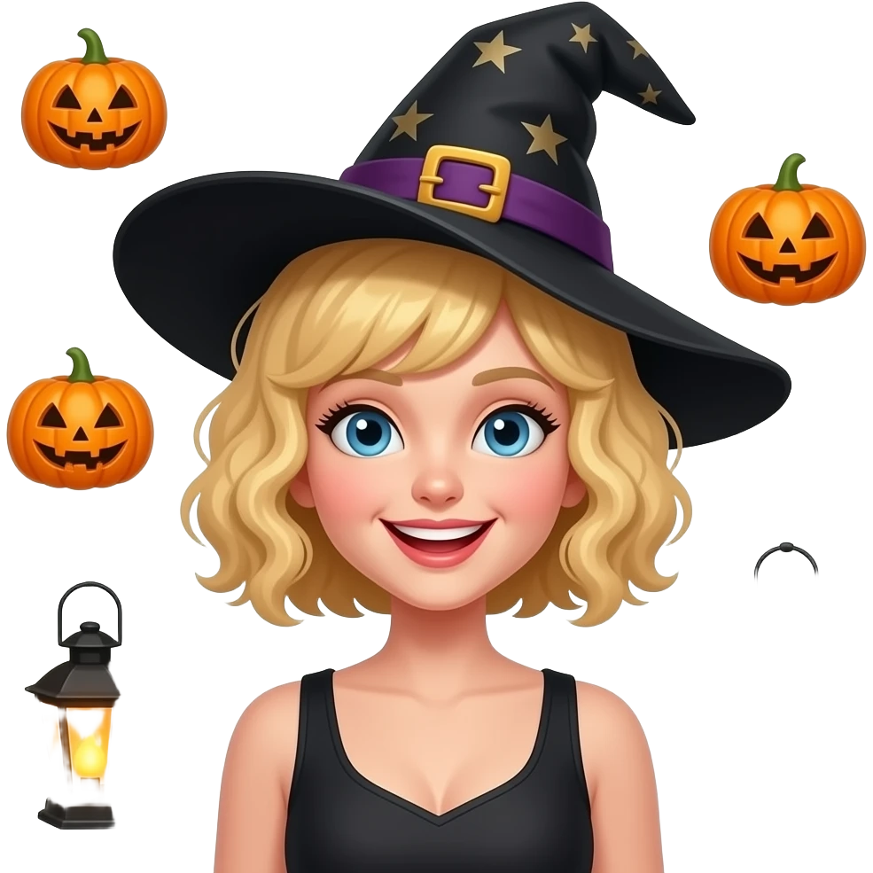 blonde tight curly hair in a short bob Happy Halloween with a witch hat and lanterns around emoji