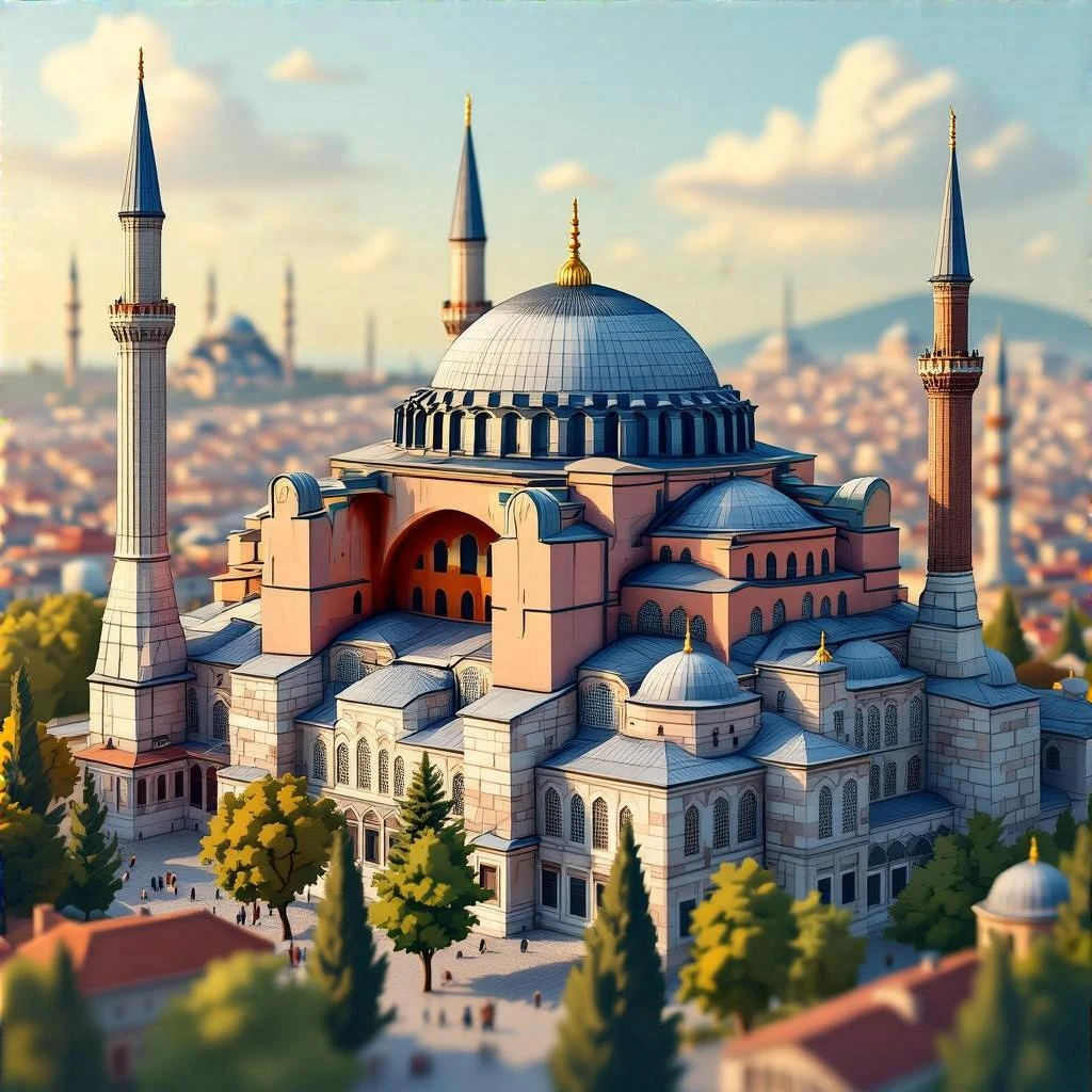 Isometric illustration of Istanbul, featuring photorealistic of Hagia Sophia in Istanbul central dome with four minarets, subtle stone textures, soft lighting and shadows, semi-realistic and stylized miniature look, transparent background. emoji