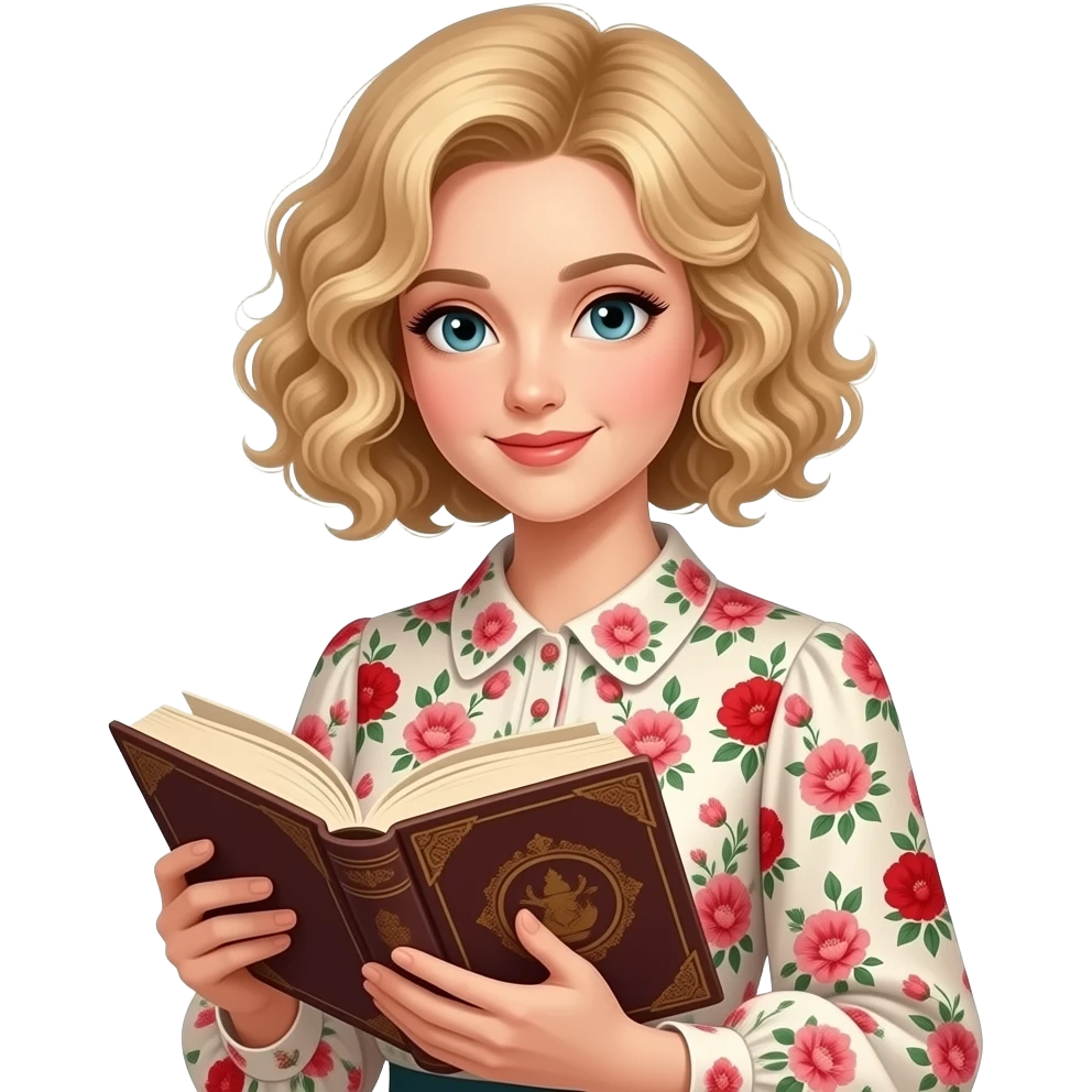 blonde curly bob reading an antique book in vintage red and pink flowers blouse emoji