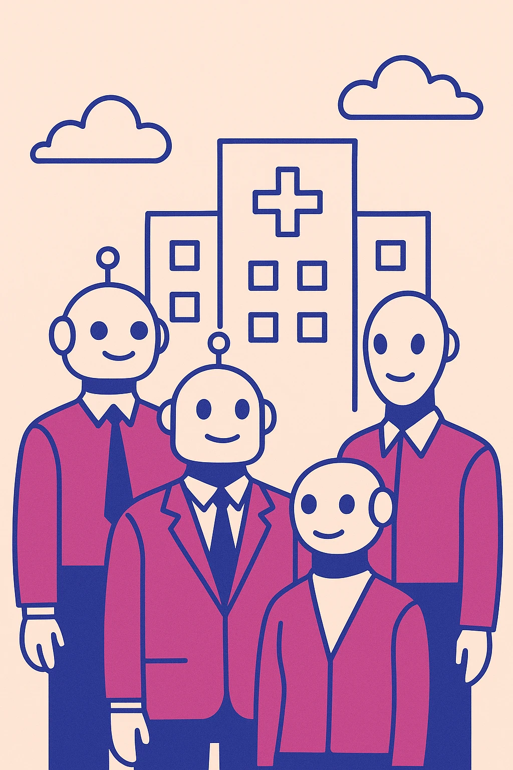 flat illustration of several robots in business attire, grouped together in front of a digital office building, with a prominent plus sign, using Slack's brand colors, for a new customer organization created Slack webhook bot emoji