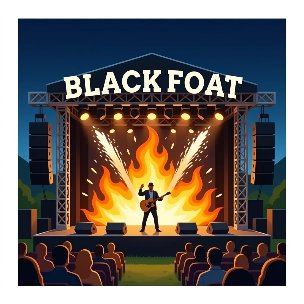 heavy metal "BLACKFOOT " Logo stage backdrop pyrotechnics shooting flames behind him emoji