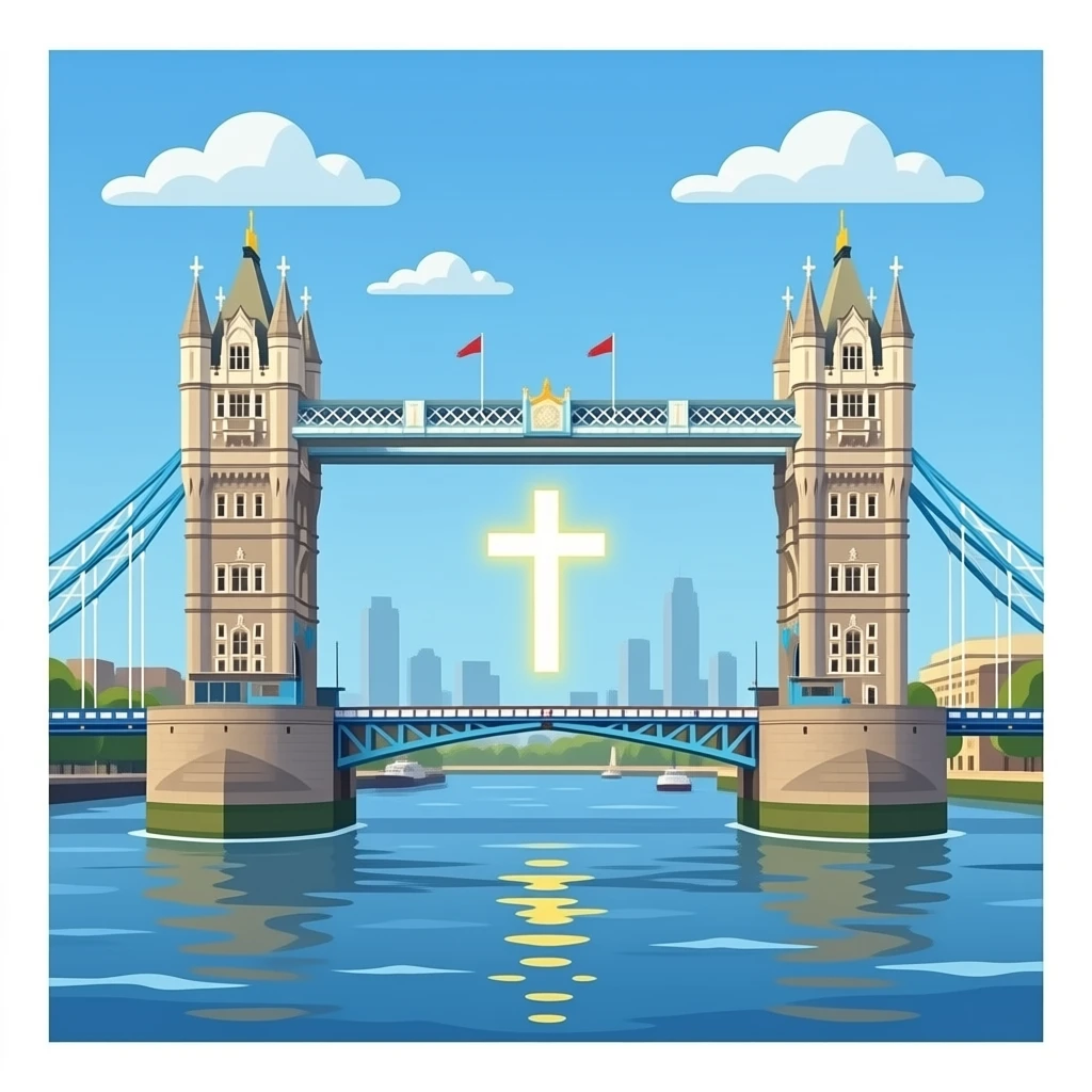 London bridge with a glowing Christian cross directly underneath it in the middle above the water emoji