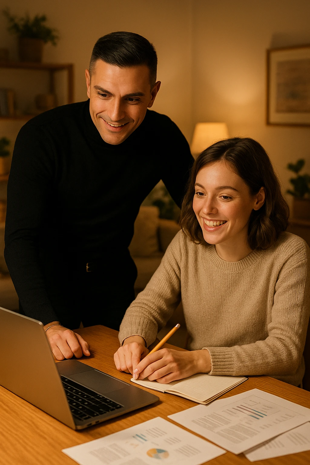 a man and woman work together on a project at home, with the man offering guidance and the woman actively participating and contributing ideas. Their expressions show teamwork and satisfaction, highlighting the benefits of collaboration and shared leadership. The setting is warm and inviting. emoji