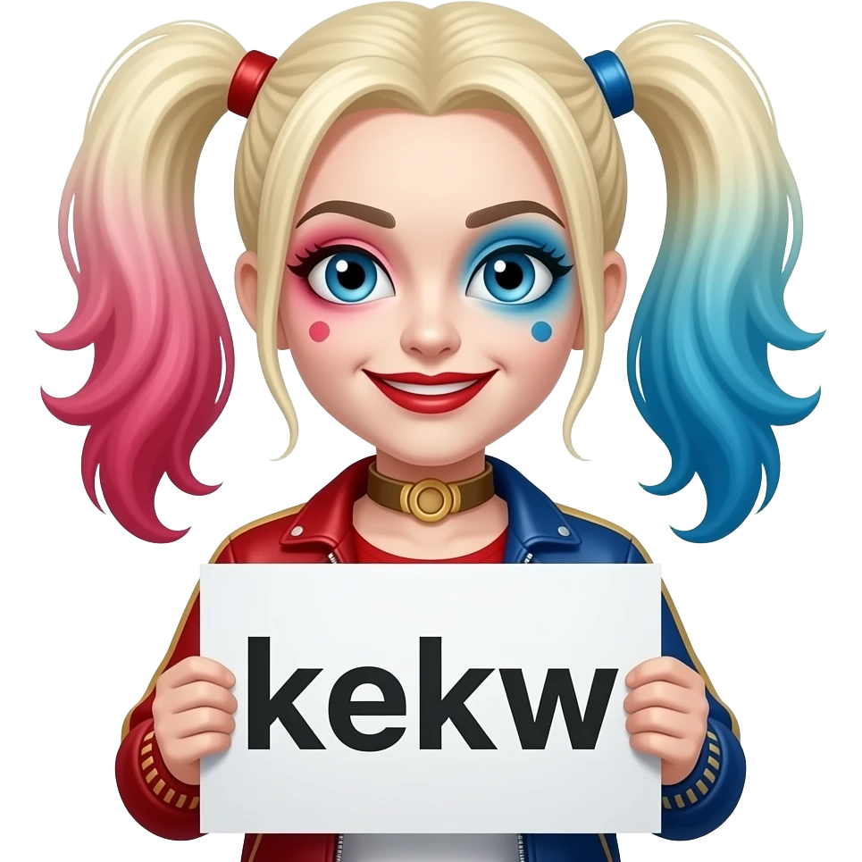 harley quinn con un cartel que ponga kekw emoji