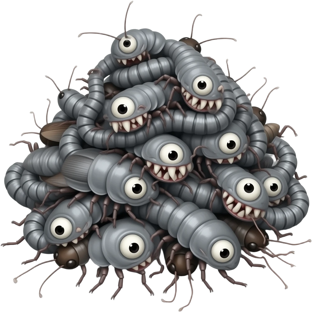 bugs emoji just millipedes cockroaches everywhere emoji shades of grey black white emoji piles of disgusting white bugs teeth large teeth large fangs large eyes inflated eyes pain sorrow bugs writhing bugs scared bugs piles and piles dead bugs pain millions of legs millions of bugs trypophobia emoji