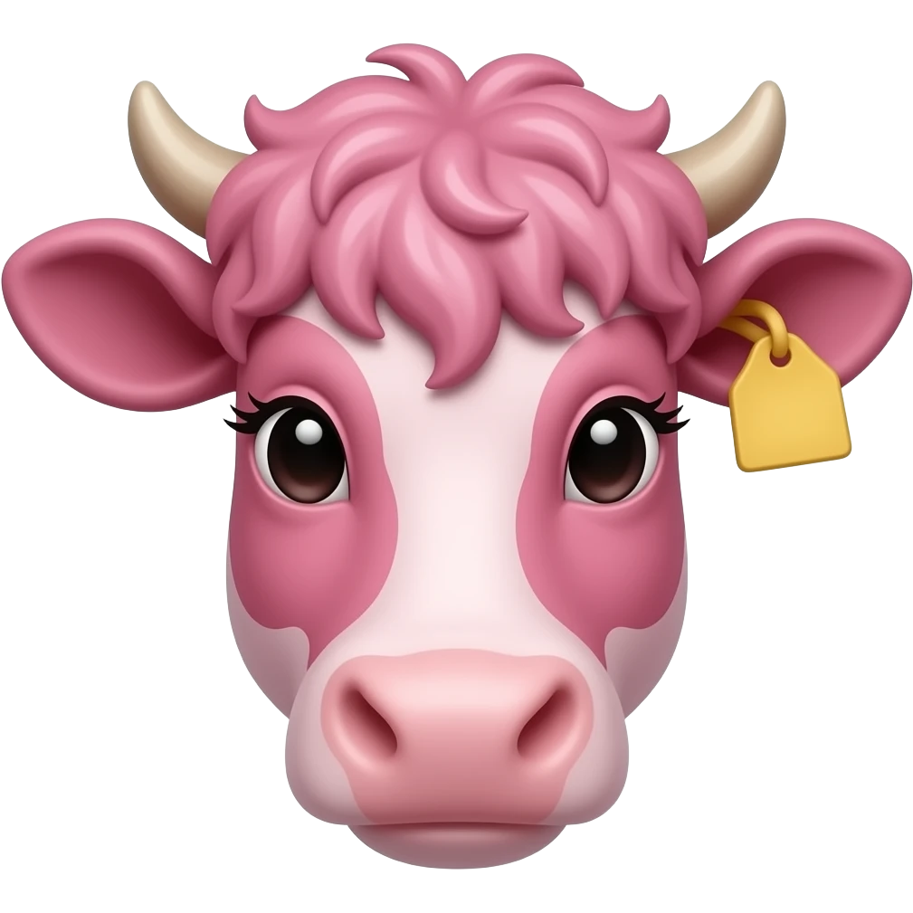 highly detilsed adult cotton-pink cow head with curly bangs WHITE eylashes with a yellow tag in the ear emoji