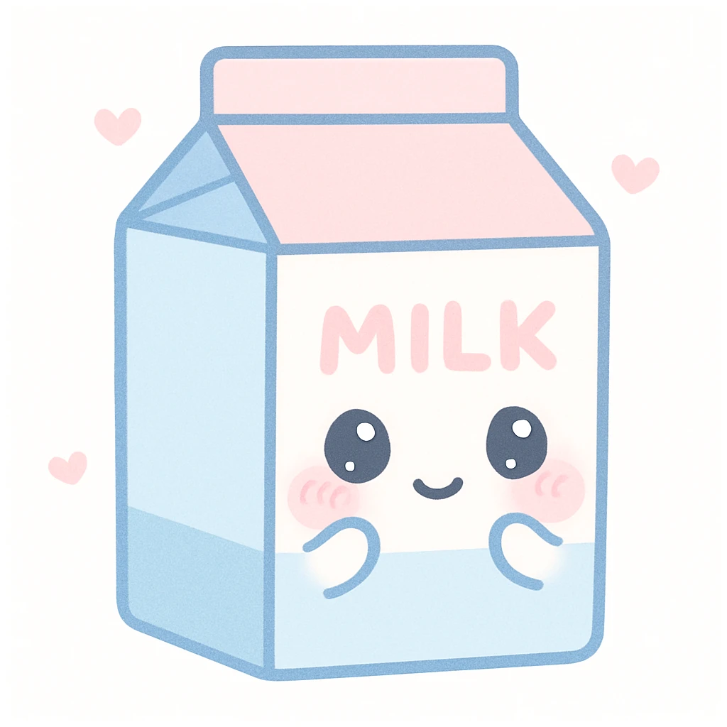 kawaii style milk carton with a shy face, tiny arms, and soft blue and pink colors emoji