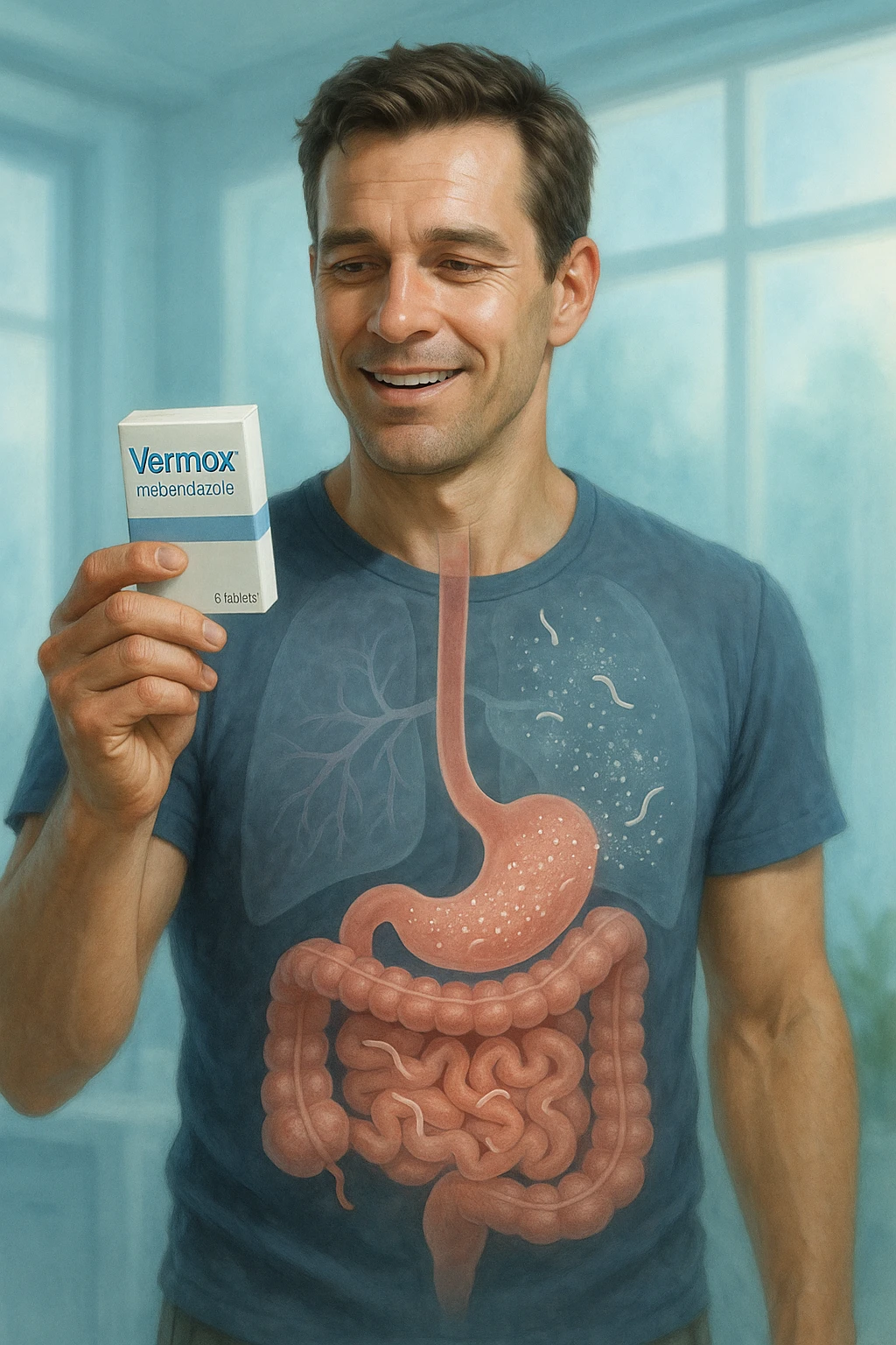 A realistic, cinematic illustration of a man in his late 30s holding a small white box of ‘Vermox’ (mebendazole) in one hand, with a relieved and hopeful expression on his face. Behind him, a semi-transparent overlay shows his digestive tract where small, symbolic worm-like parasites are dissolving and disappearing, indicating the medication’s effect. The environment is clean and bright, with a medical yet hopeful tone, conveying the concept of effective parasite removal. Subtle blue and green tones symbolize cleansing and health restoration, while the man appears energized and ready to reclaim his well-being emoji