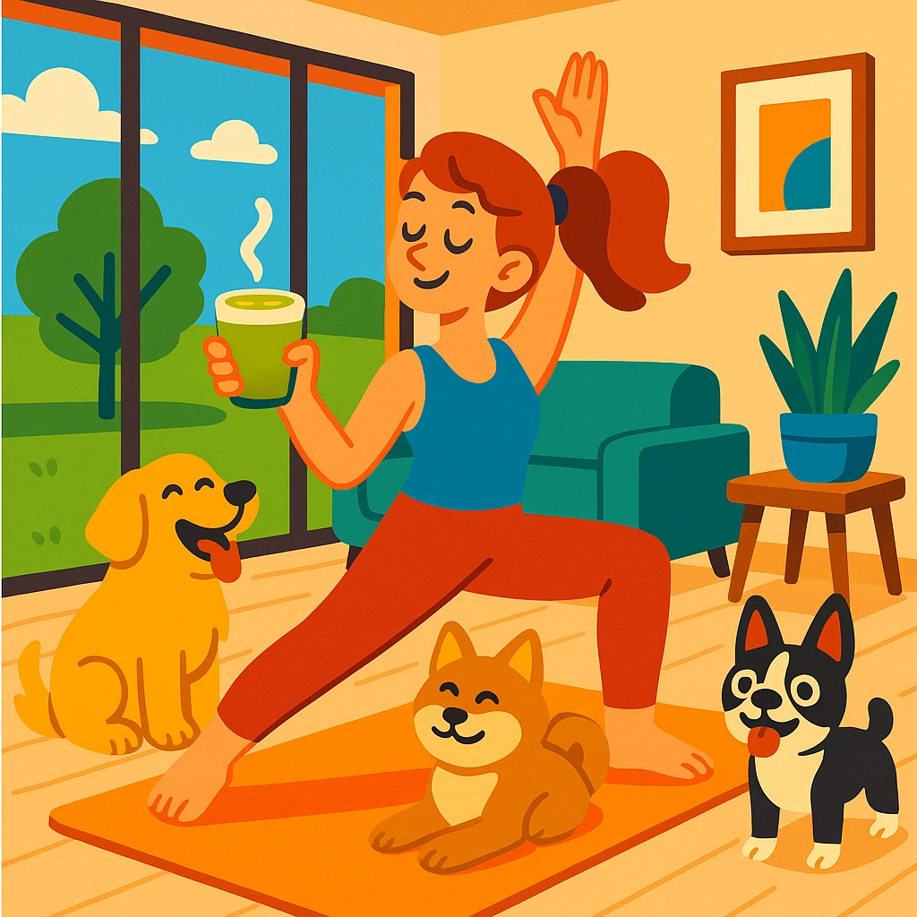 woman doing yoga in a modern house with a grassy yard, matcha latte in hand, dogs happily surrounding her emoji