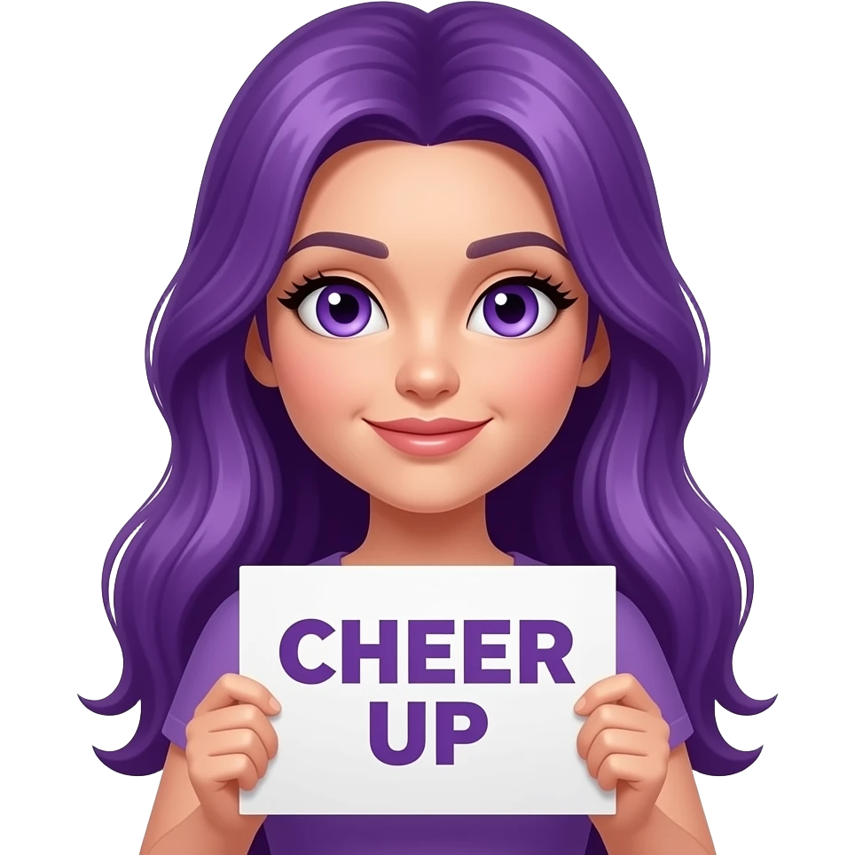 sexy girl with long purple hair and purple eyes holding CHEER UP sign emoji