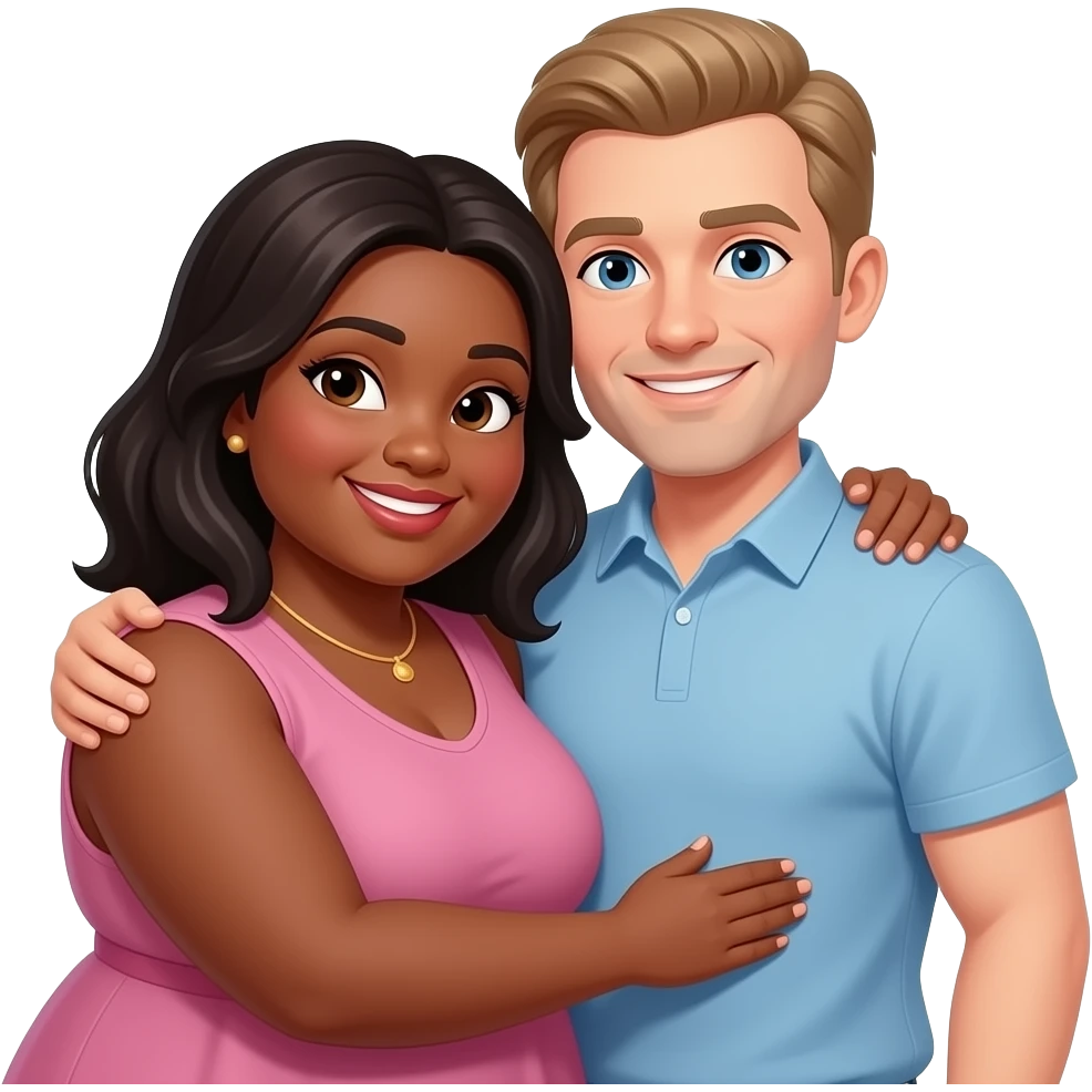 Plus sized Black woman with dark hair, hugging white man medium build with medium light hair emoji
