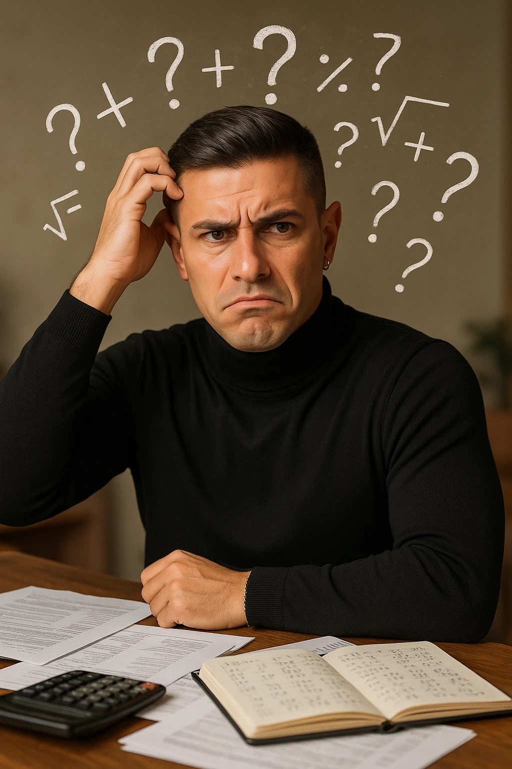 a man sits at a desk cluttered with papers, a calculator, and a notebook filled with numbers and equations. He scratches his head, eyebrows furrowed in confusion, while mathematical symbols and question marks float around his head. The background is softly blurred, emphasizing his puzzled expression. emoji