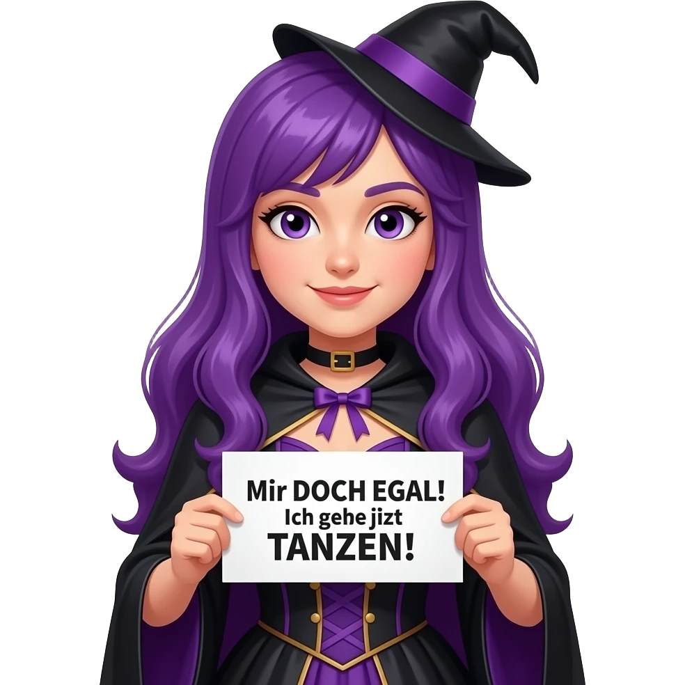 girl with long purple hair wearing a halloween costume holding a Mir DOCH EGAL! Ich gehe jetzt TANZEN! sign emoji