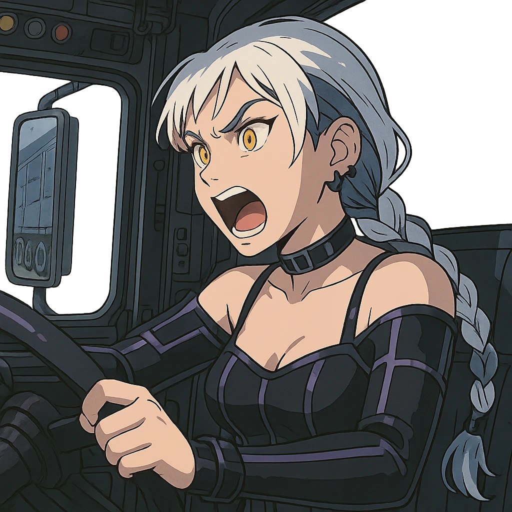she is driving a 16 wheel truck inside the cab, yelling, turning the weel sharply, a closeup portrait of young woman with gold yellow eyes, white hair, long braid, black off-shoulder top d-cup, punk gothic style, futuristic cyberwave cyberpunk, emoji