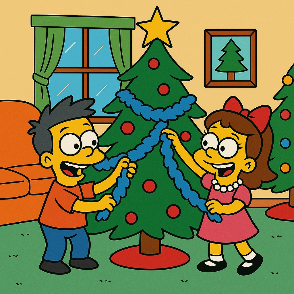 little children decorating a Christmas tree in the living room with tinsel emoji