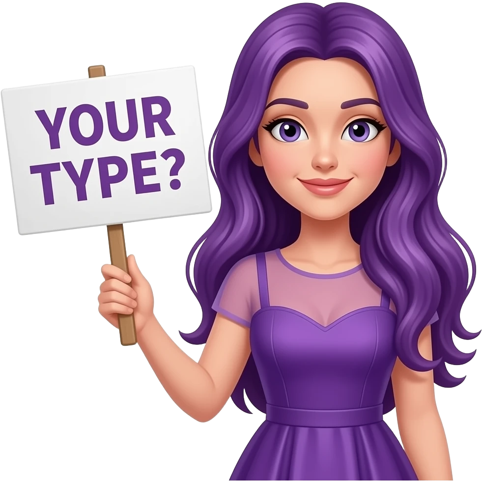 sexy girl with long purple hair dress holding a ....YOUR TYPE? sign emoji