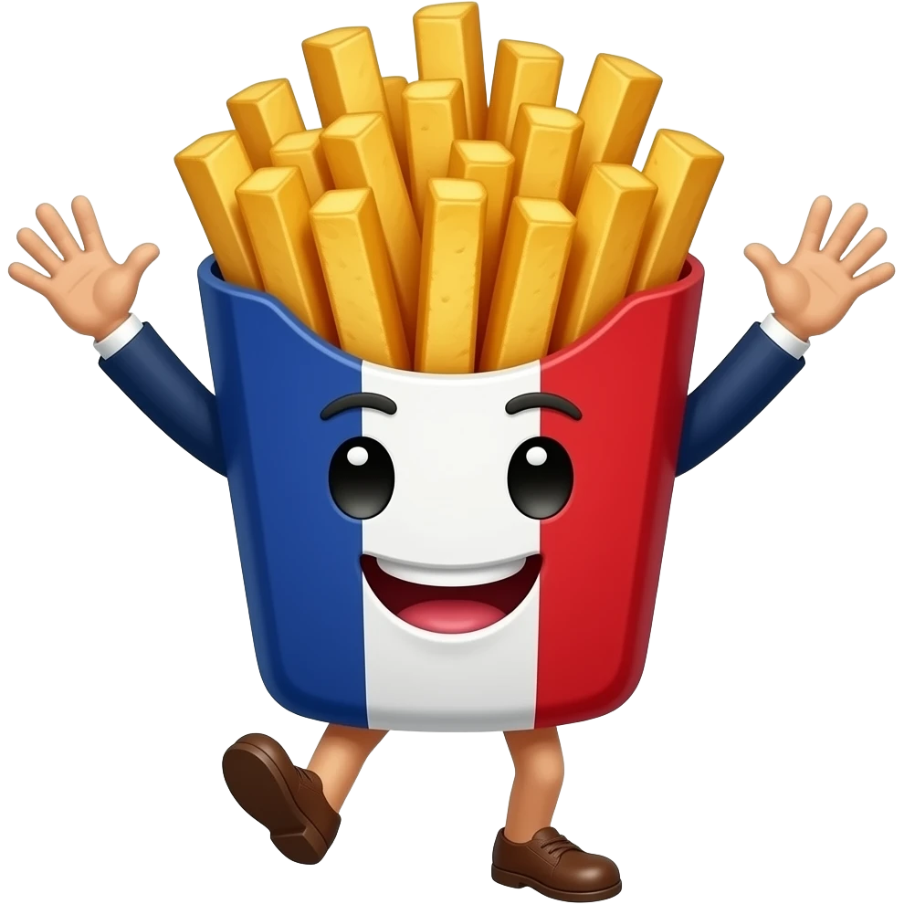 une frite française qui danse les bras en l'air avec un visage style président de la république emoji