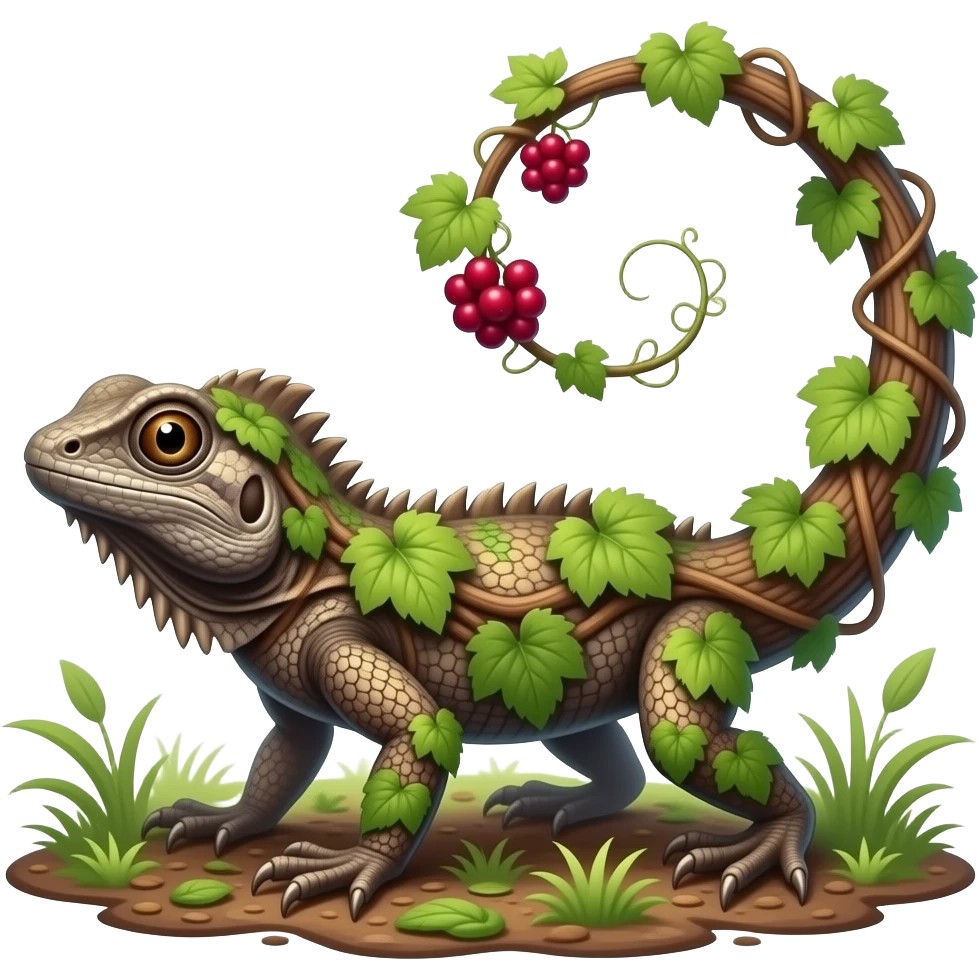 Bramblisk A vine-covered lizard with bark-like scales and bright berry clusters on its tail. It blends into forest floors and attacks with whipping vines. emoji