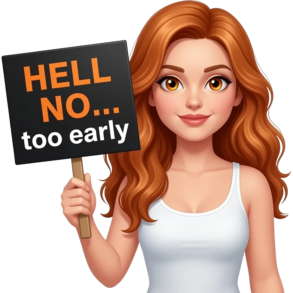 sexy girl with long wavy ginger hair and ginger eyes wearing a white tanktop is holding a black colored sign with HELL NO... too early  written on it emoji