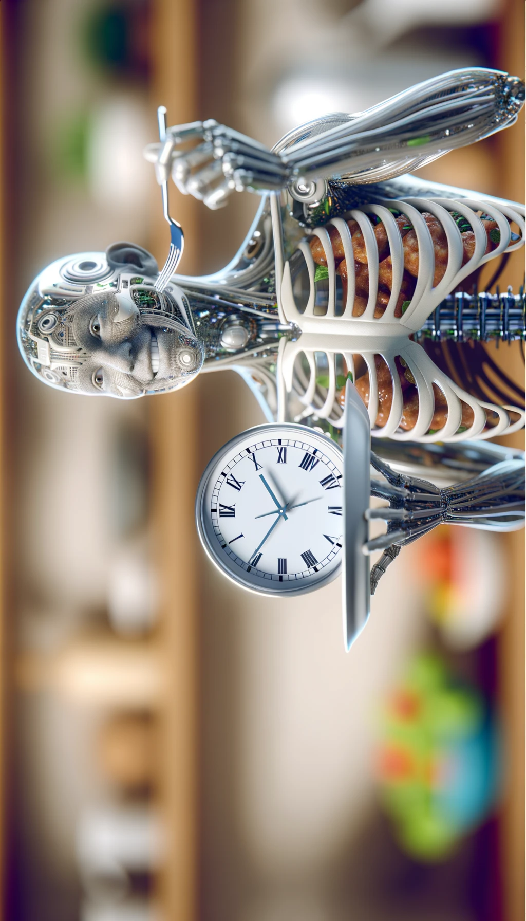 corpo umano anatomico, che tiene in mano un piatto bianco con la lancette di un orologio sopra, figura visibile fino ai fianchi, espressione del volto soddisfatta, sullo sfondo la sua cucina sfocata con toni chiari neutri, iperrealistico 4k emoji