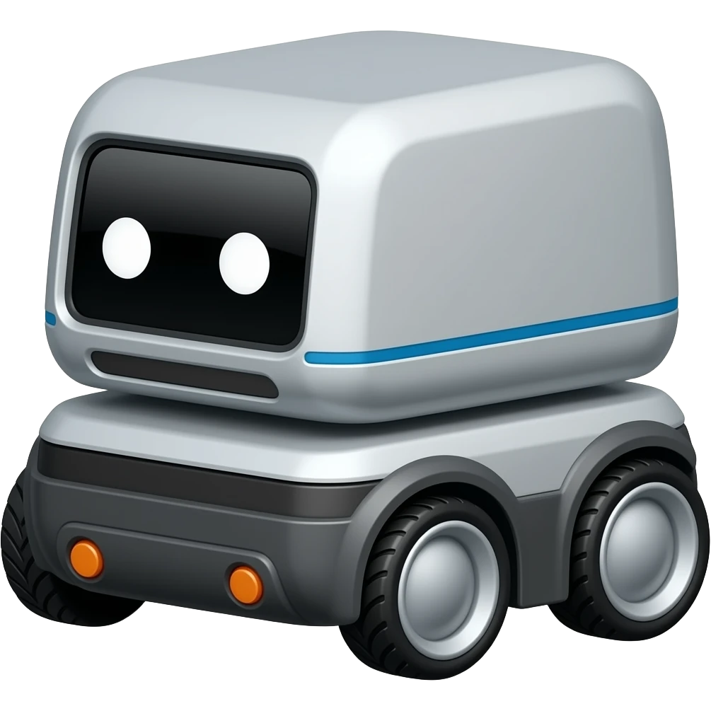 grey solid rectangle with 4 wheels  and a display shows a white robot eyes as the delivery robot emoji
