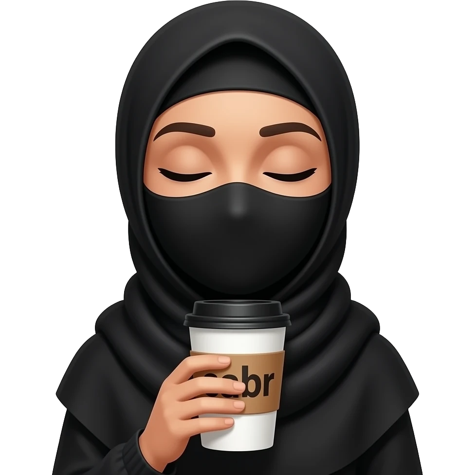 Hijabi wearing black, eyes closed, holding coffee cup that says sabr emoji