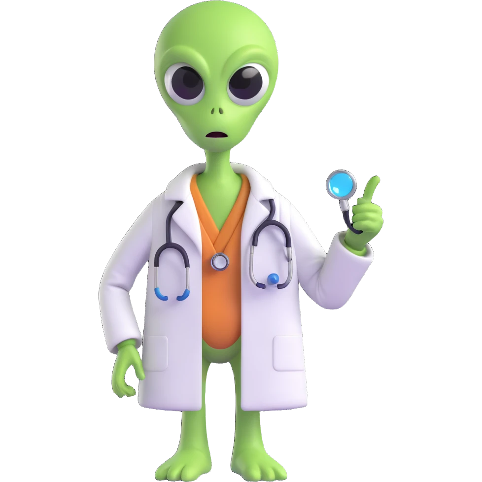 green alien dressed as a doctor, stethoscope, medical coat, friendly expression emoji