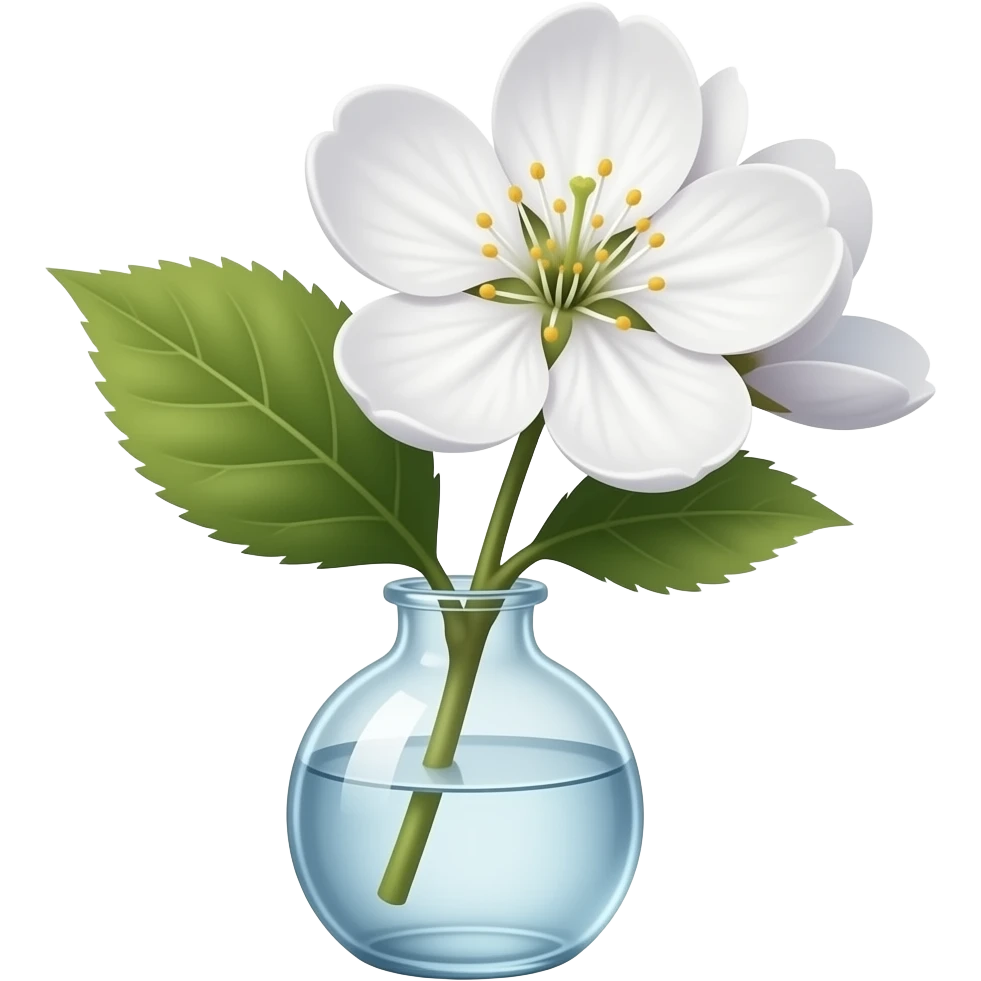 white Realistic big sakura flower stem in a transparent jar vase emoji