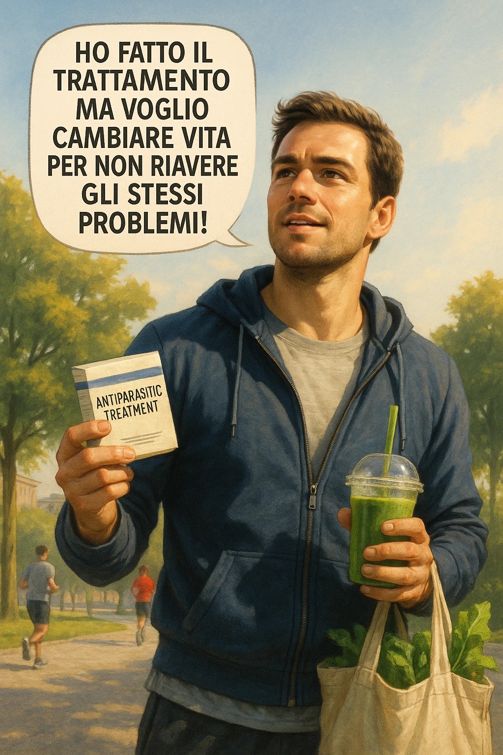 A realistic, cinematic illustration of a man in his early 30s with a determined and hopeful expression, standing outside under a bright morning sky, holding a small box labeled 'Antiparasitic Treatment' in one hand, while in the other hand he holds a fresh green smoothie or a bag of vegetables. A speech bubble near him says: ‘Ho fatto il trattamento ma voglio cambiare vita per non riavere gli stessi problemi!’ The man is wearing casual but clean and sporty clothing, symbolizing a fresh start, with the background showing a city park with green trees, morning light, and people jogging, indicating a healthy lifestyle. The atmosphere is bright, uplifting, and motivating, clearly illustrating the transition from treatment to lifestyle change to prevent future health issues. The style is realistic with warm tones, showing positive energy and commitment to change in italiano emoji