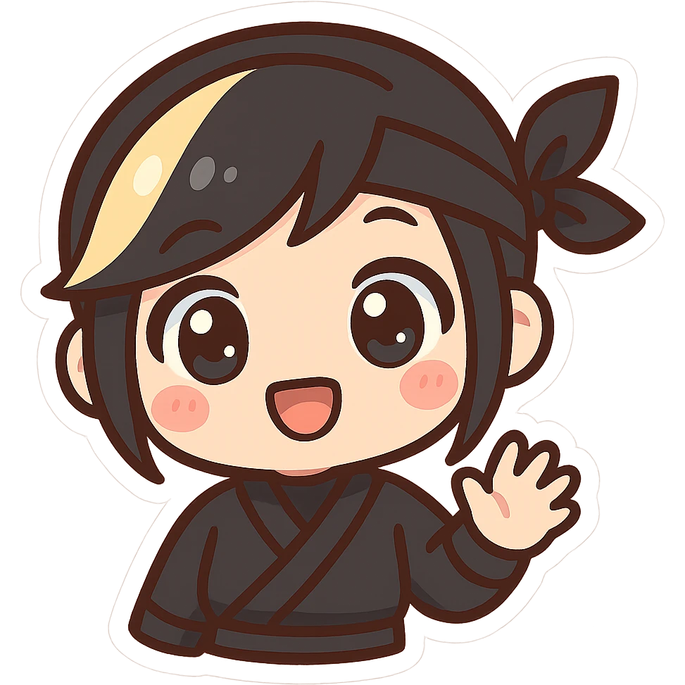 Kawaii chibi ninja girl with black short hair and a blonde streak, only head and arms, super cute, big sparkling eyes, rounder face, smaller mouth, extra soft colors, colorful chibi style, bold outlines, no mask, hand at side, smiling, sized for Twitch emoji use. emoji