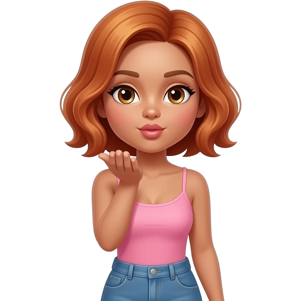 Diva Hazel eyes, tanned skin. Red blonde very short hair. Pink singlet. Blue jeans. Waist up. Closed eyes and blowing kiss emoji