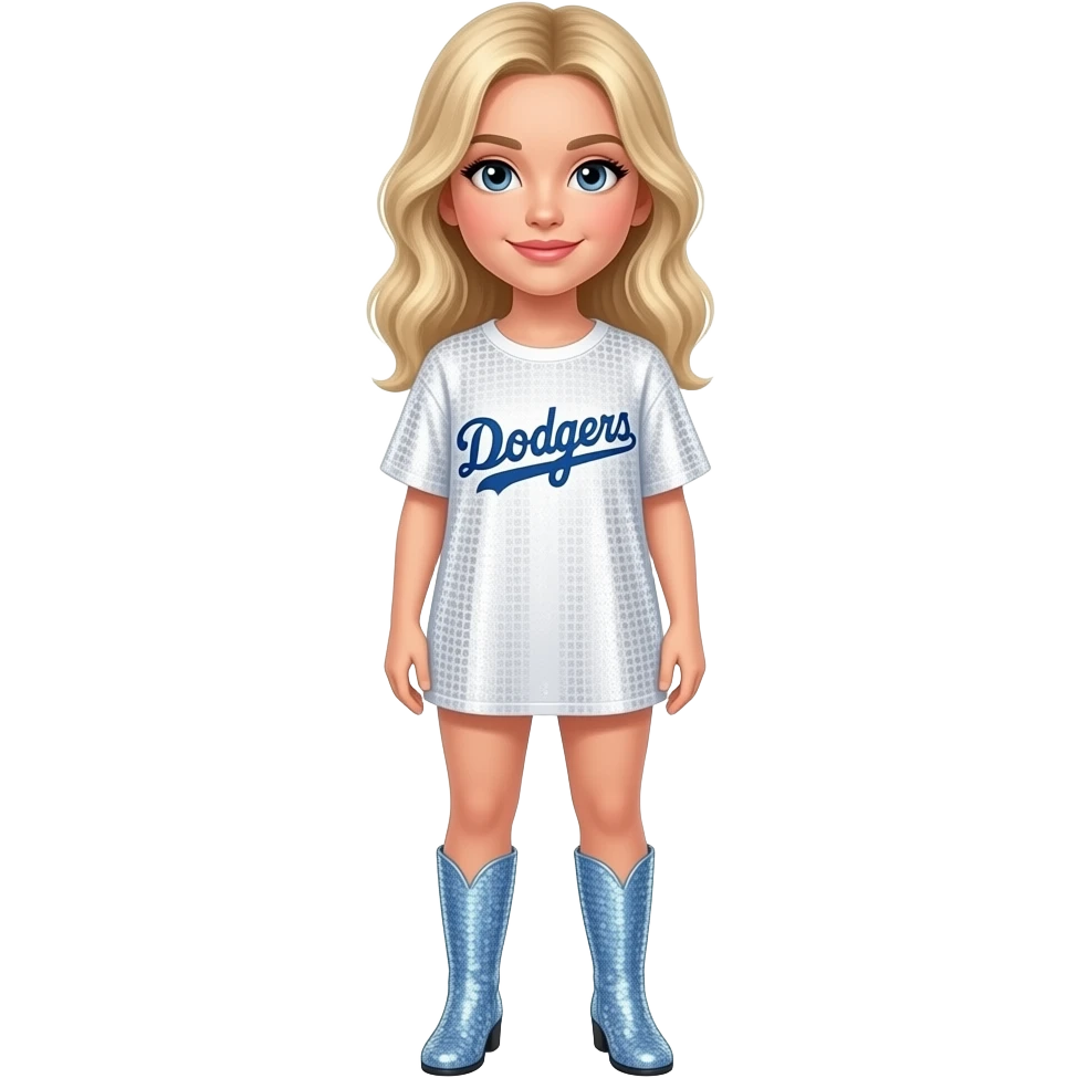 Sabrina carpenter blonde hair wearing an oversized sequin white tshirt that says Dodgers in navy blue sequins. 69 in bottom right corner. Kiss mark in top left corner. light blue sequin boots emoji
