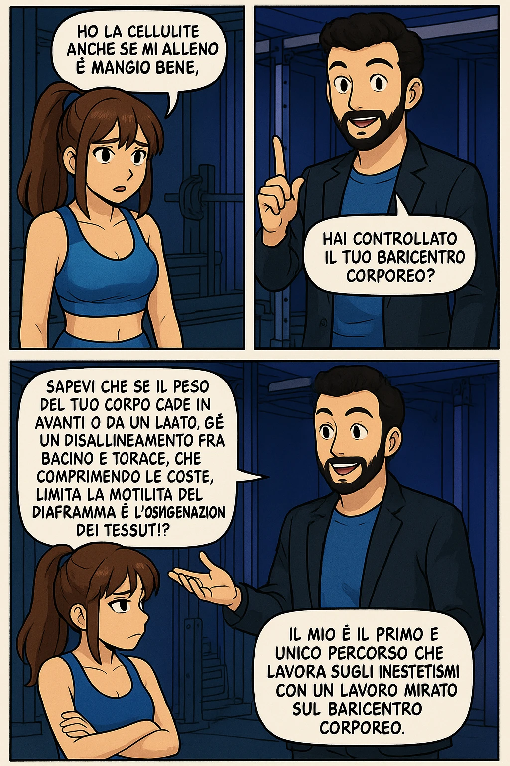 PRENDI SPUNTO DA QUESTO STILE FACENDO UN WEBTOON/MANGA:

LEI (DONNA): Ho la cellulite anche se mi alleno e mangio bene, cosa posso fare?

LUI (UOMO): Hai controllato il tuo baricentro corporeo?
LUI (UOMO): Sapevi che se il peso del tuo corpo cade in avanti o da un lato, c’è un disallineamento fra bacino e torace, che comprimendo le coste, limita la motilità del diaframma e l’ossigenazione dei tessuti?
LUI (UOMO): Il mio è il primo e unico percorso che lavora sugli inestetismi con un lavoro mirato sul baricentro corporeo. emoji