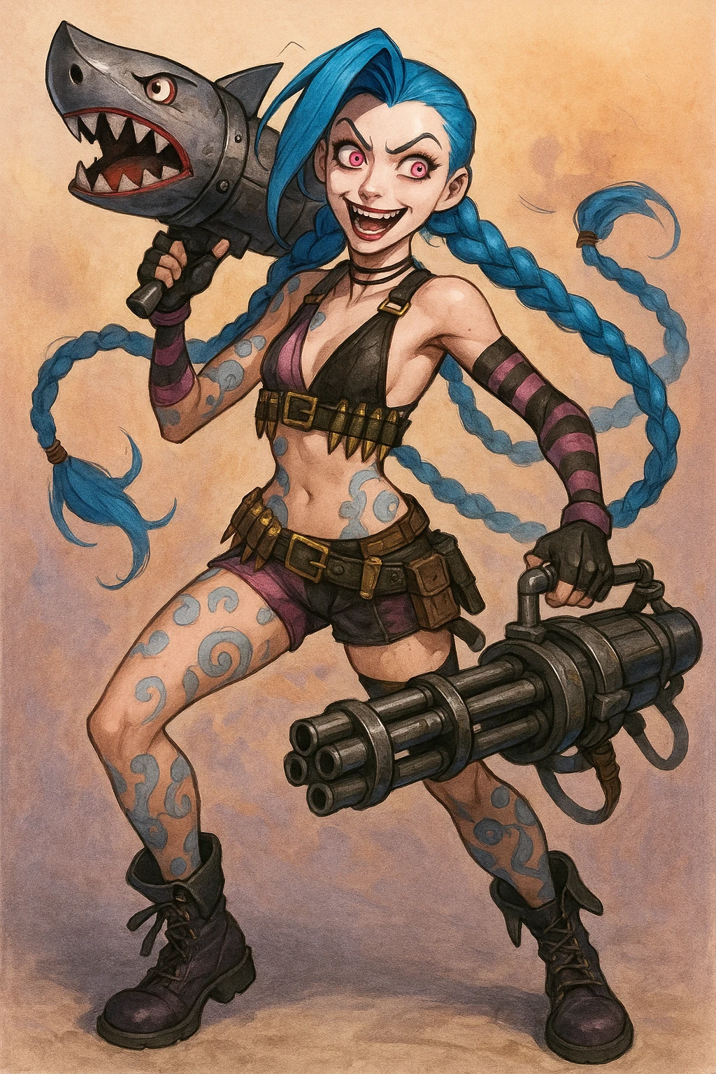 slender athletic young woman with long electric blue hair in two thick braids, bright pinkish-purple eyes, manic mischievous expression, punk-inspired outfit with cropped top, striped arm sleeves, mismatched shorts with belts, knee-high boots, adorned with bullet belts and pouches, blue tattoos in swirling mechanical patterns on arms legs torso, armed with shark-faced rocket launcher and mini-gun emoji