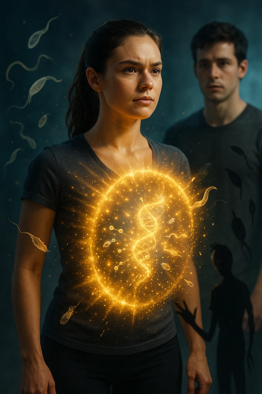 A hyper-realistic, cinematic image showing a young woman with a glowing, radiant aura symbolizing a very strong immune system. She stands confidently, surrounded by a dynamic shield of light particles and molecular energy swirling around her body, especially focused around her abdomen and chest. Against this luminous barrier, faint translucent representations of parasites—small worm-like and protozoan shapes—attempt to approach her but are visibly repelled or disintegrating upon contact with the shield. Nearby, a young man representing her boyfriend is shown with subtle, shadowy parasite silhouettes near him, some reaching toward her but unable to penetrate her immune defenses. The background is softly blurred to keep the focus on the energetic battle at the forefront, with cool blues and warm golds contrasting to symbolize health, vitality, and defense. The lighting is dramatic yet hopeful, with a cinematic 35mm film style emphasizing sharp detail on her determined face and the swirling protective energy. The overall tone conveys resilience, protection, and the unseen battle inside the body. emoji