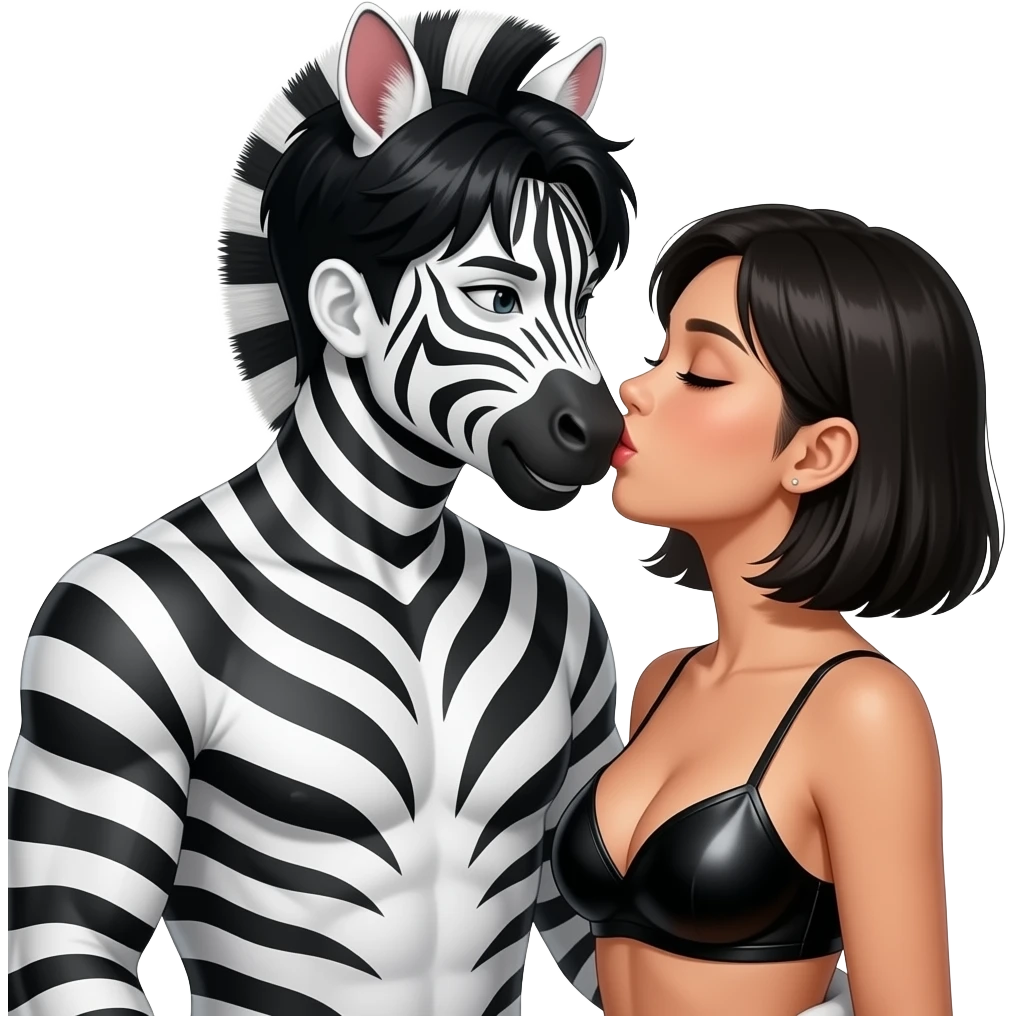 zebra cosplay korean guy(only cosplay, he has human head and no mask) is teasing cat cosplay filipina girl. she has short black hairs and light brown skin. and he has black short hairs and white skin. they are also wearing sexy hot clothes. they are kissing emoji